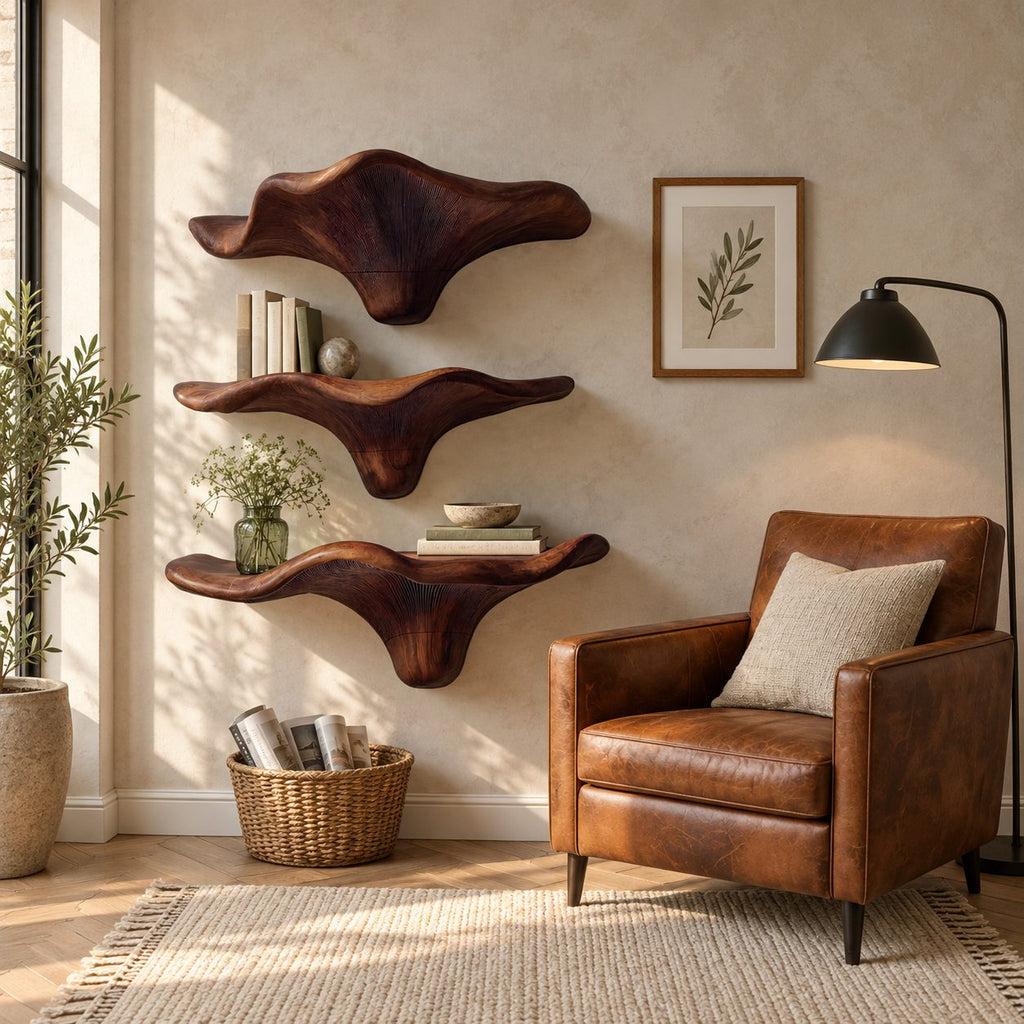 Sweeping Wing Mushroom Floating Shelves, Live Edge Solid Wood Wall Shelves for Living Room