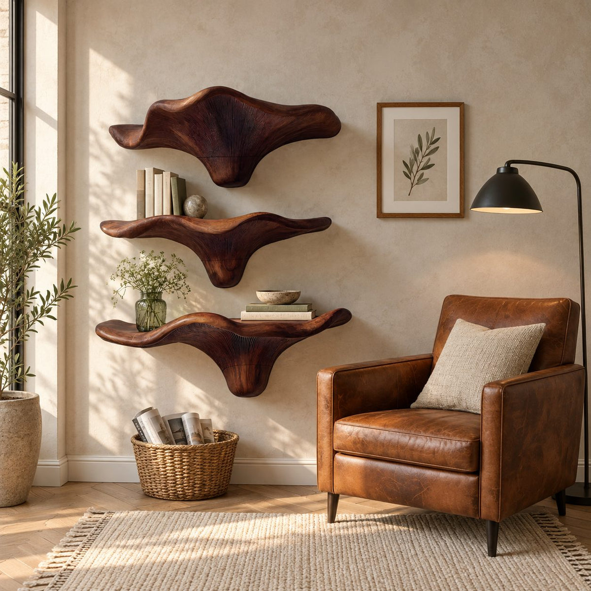 Sweeping Wing Mushroom Floating Shelves, Live Edge Solid Wood Wall Shelves for Living Room