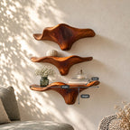 Sweeping Wing Mushroom Floating Shelves, Live Edge Solid Wood Wall Shelves for Living Room