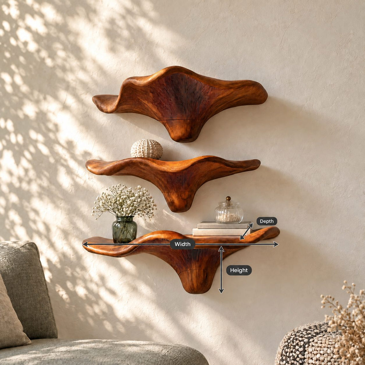 Sweeping Wing Mushroom Floating Shelves, Live Edge Solid Wood Wall Shelves for Living Room