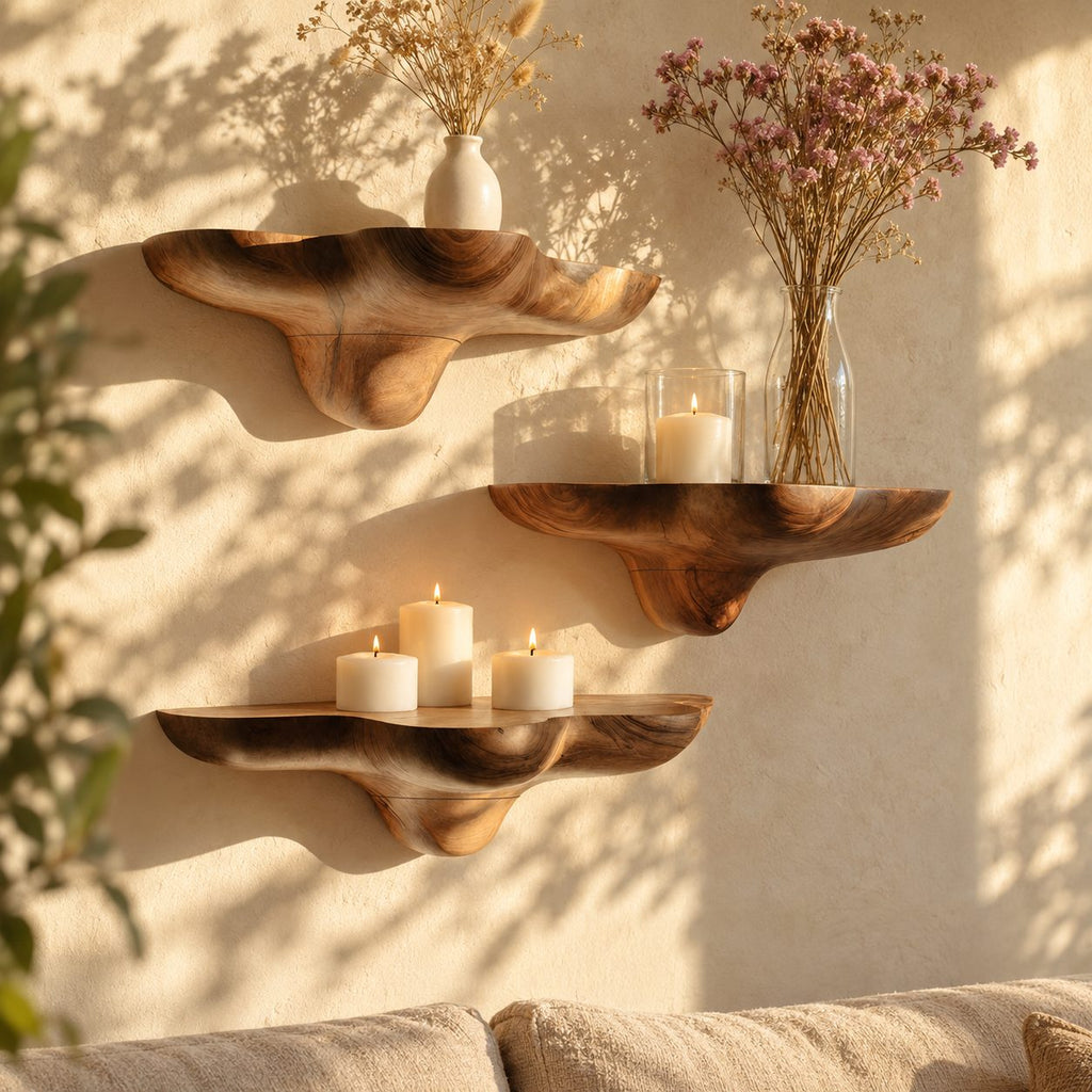 Billowing Cloud Mushroom Floating Shelves, Thick Sculpted Solid Wood Wall Shelves for Living Room