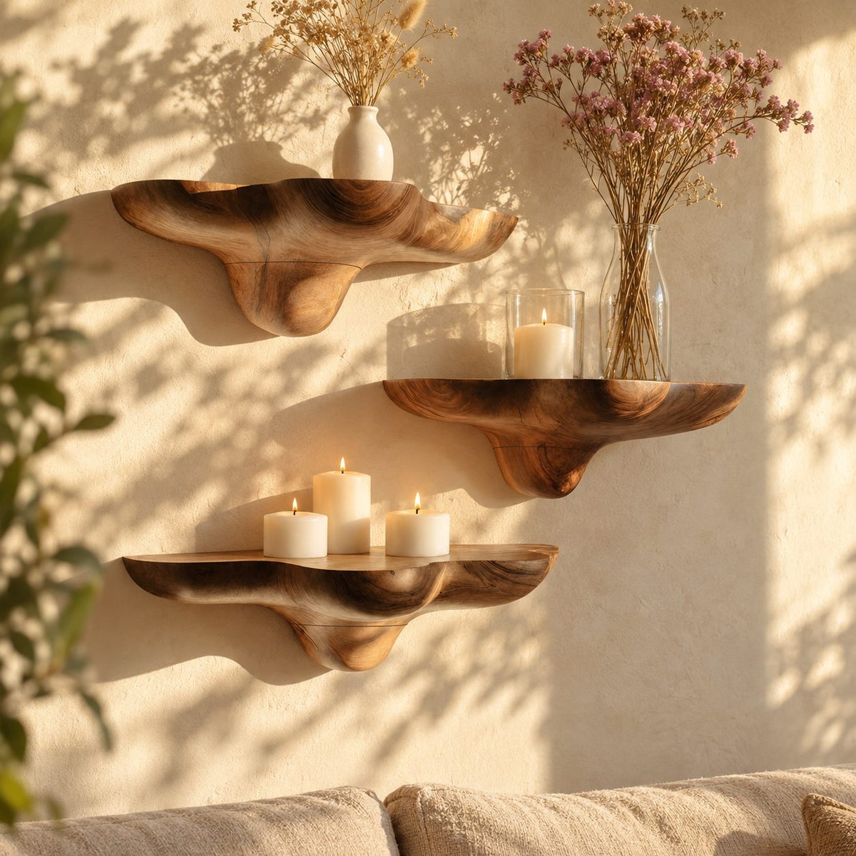 Billowing Cloud Mushroom Floating Shelves, Thick Sculpted Solid Wood Wall Shelves for Living Room
