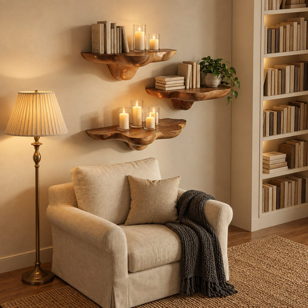 Billowing Cloud Mushroom Floating Shelves, Thick Sculpted Solid Wood Wall Shelves for Living Room