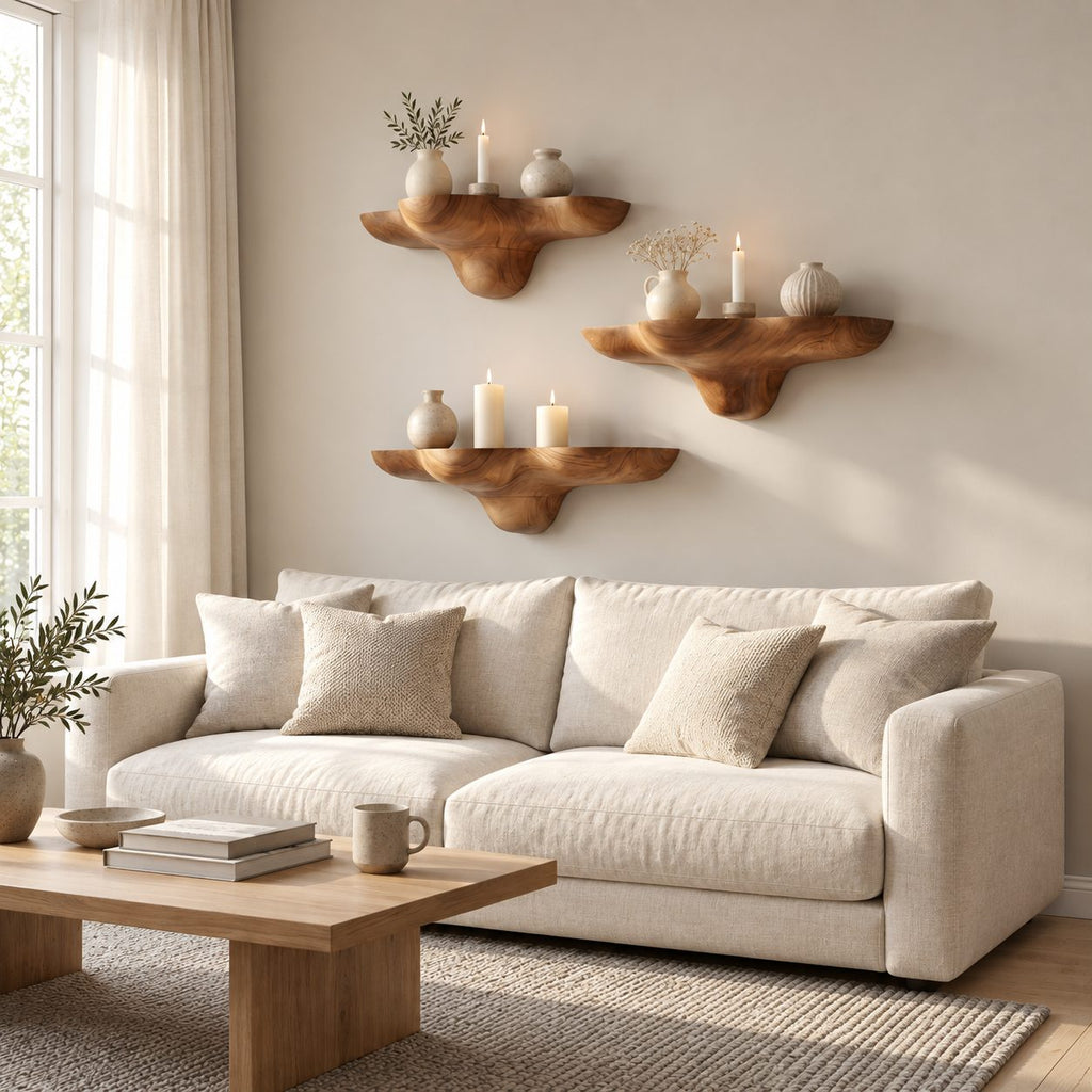 Billowing Cloud Mushroom Floating Shelves, Thick Sculpted Solid Wood Wall Shelves for Living Room