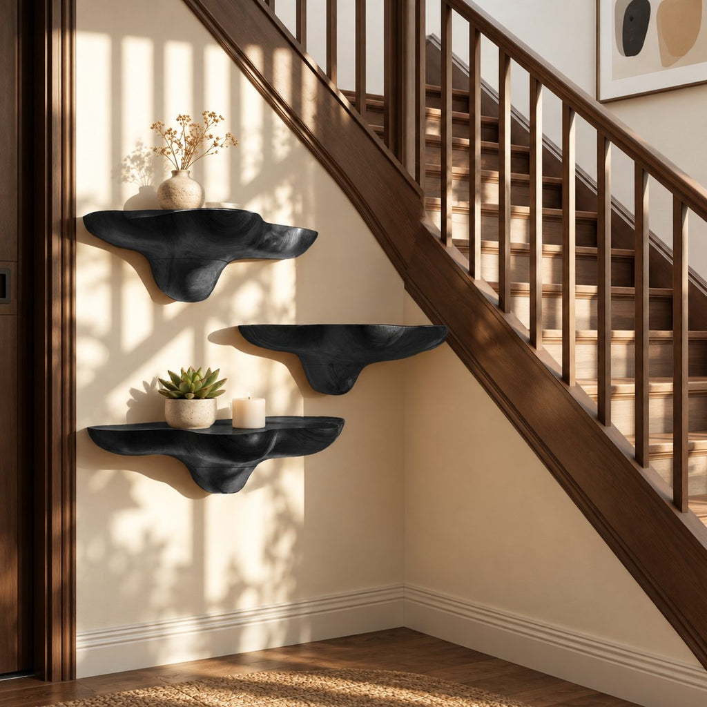 Billowing Cloud Mushroom Floating Shelves, Thick Sculpted Solid Wood Wall Shelves for Living Room