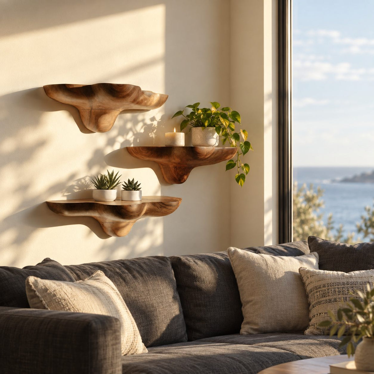Billowing Cloud Mushroom Floating Shelves, Thick Sculpted Solid Wood Wall Shelves for Living Room