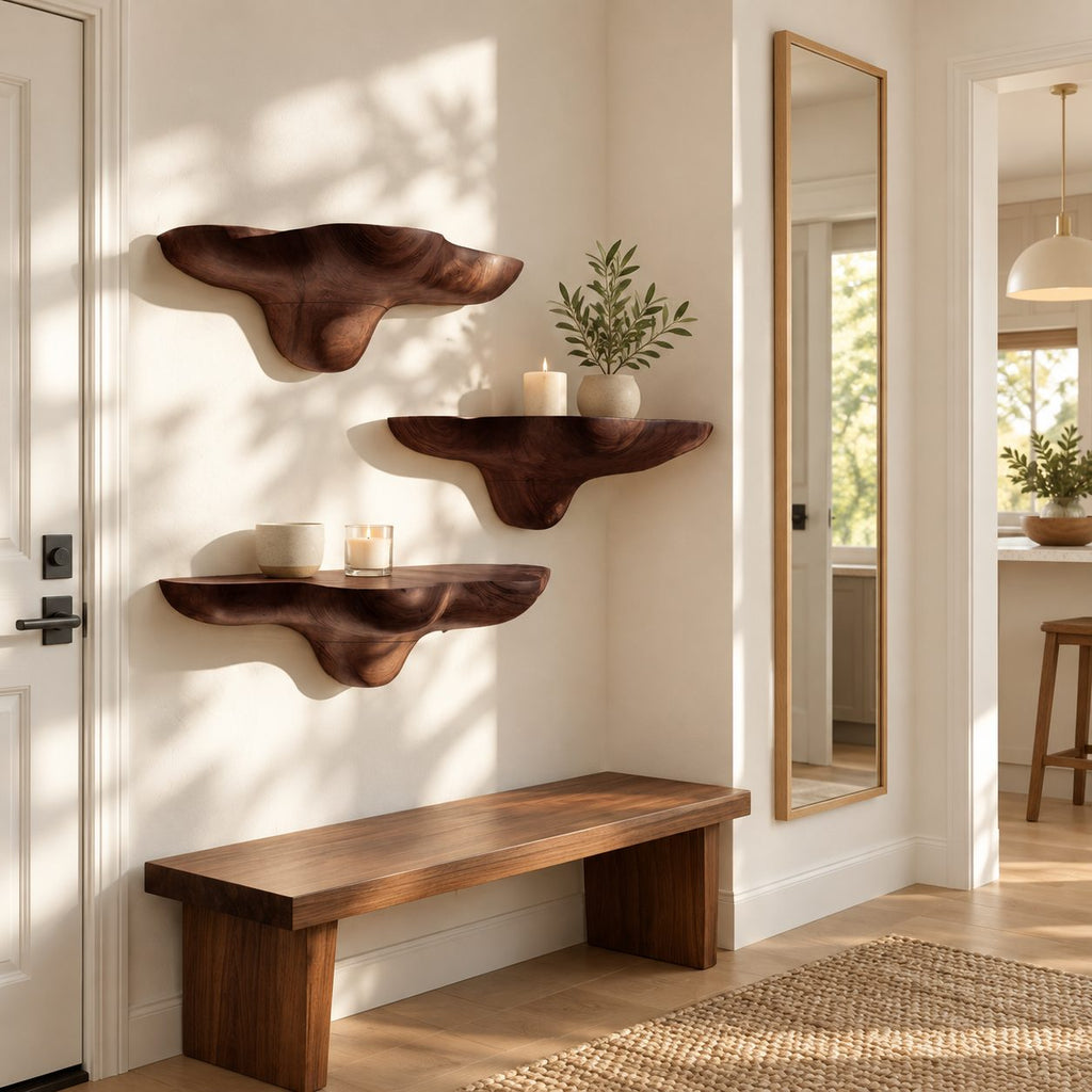 Billowing Cloud Mushroom Floating Shelves, Thick Sculpted Solid Wood Wall Shelves for Living Room