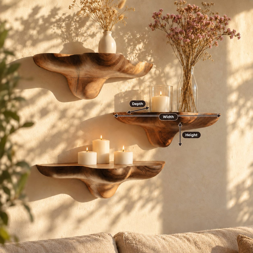 Billowing Cloud Mushroom Floating Shelves, Thick Sculpted Solid Wood Wall Shelves for Living Room