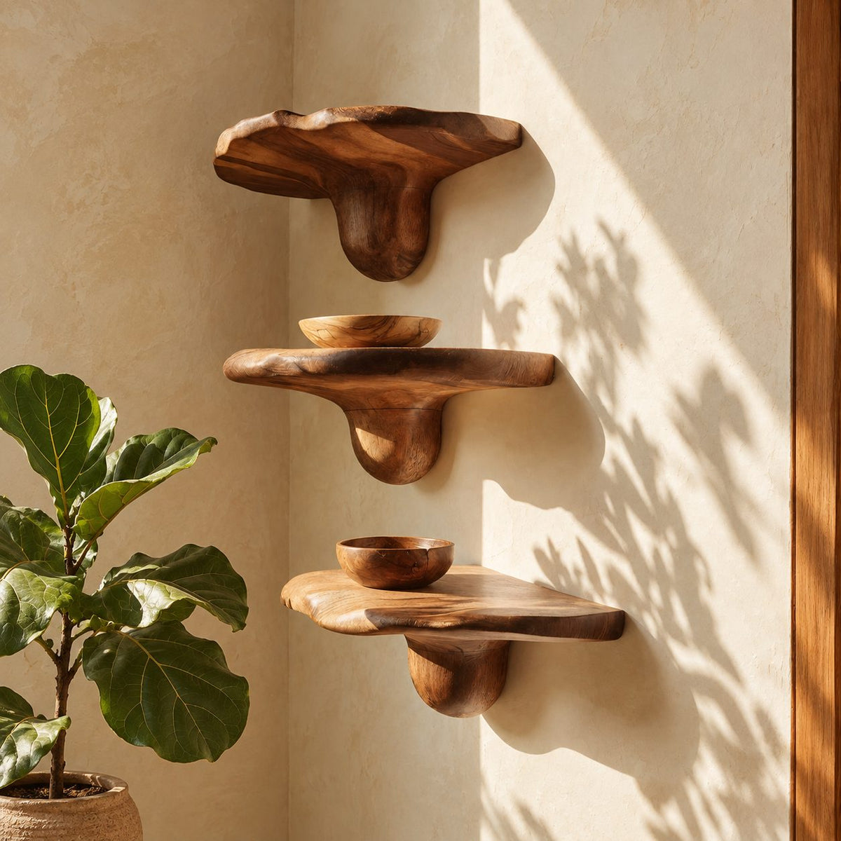 Bulb Stem Corner Mushroom Shelves, Chunky Live Edge Solid Wood Floating Corner Shelves for Entryway