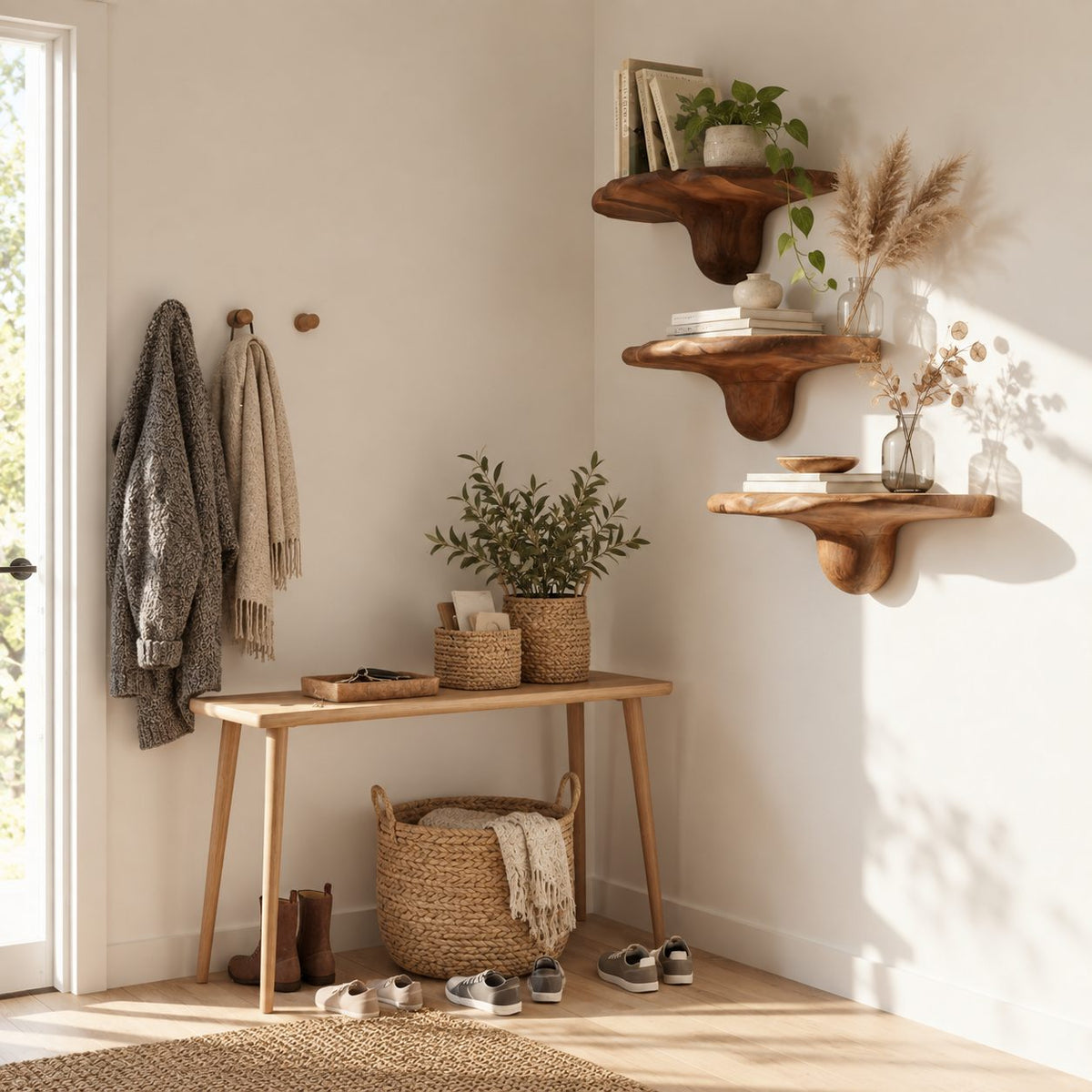 Bulb Stem Corner Mushroom Shelves, Chunky Live Edge Solid Wood Floating Corner Shelves for Entryway