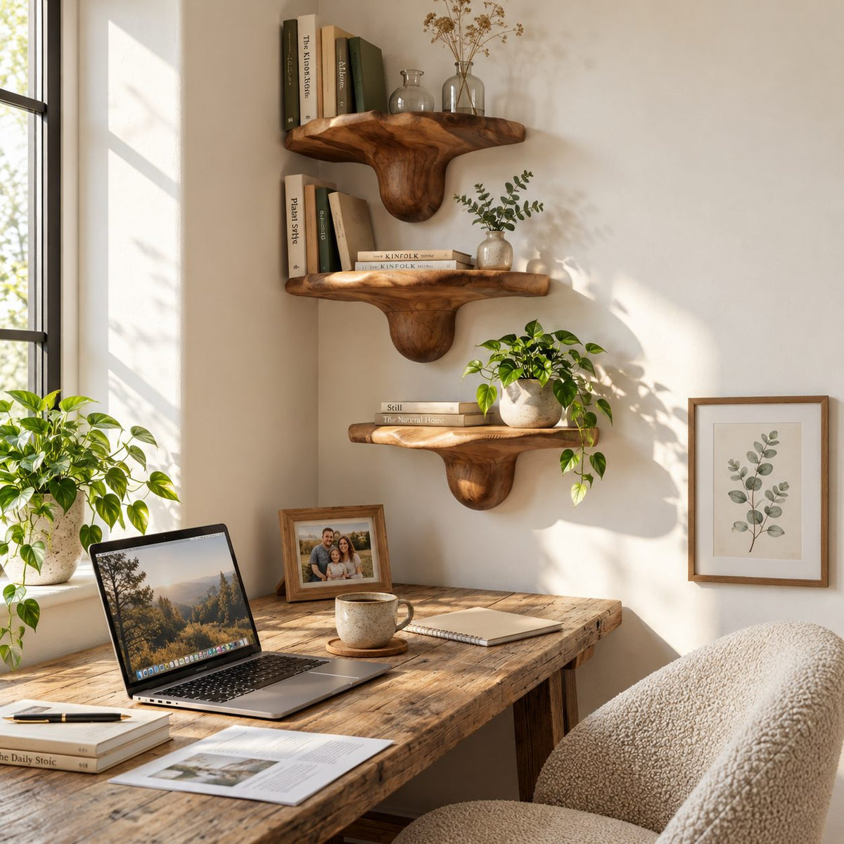 Bulb Stem Corner Mushroom Shelves, Chunky Live Edge Solid Wood Floating Corner Shelves for Entryway