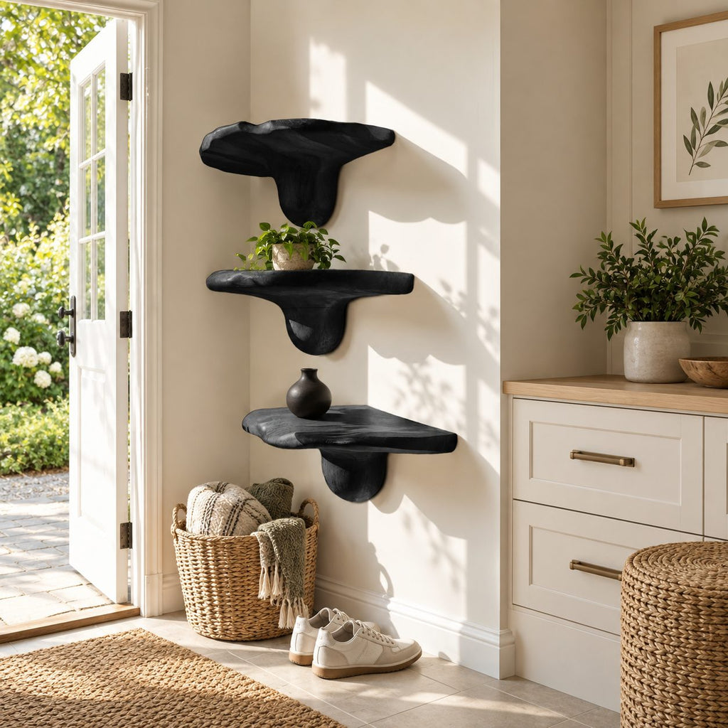 Bulb Stem Corner Mushroom Shelves, Chunky Live Edge Solid Wood Floating Corner Shelves for Entryway