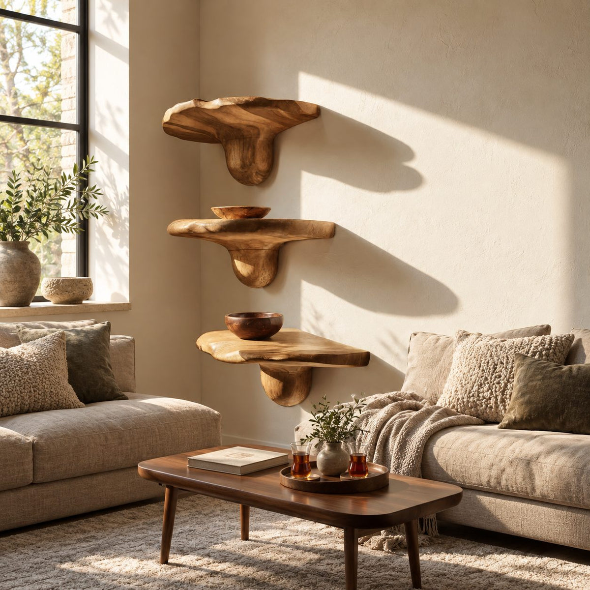 Bulb Stem Corner Mushroom Shelves, Chunky Live Edge Solid Wood Floating Corner Shelves for Entryway