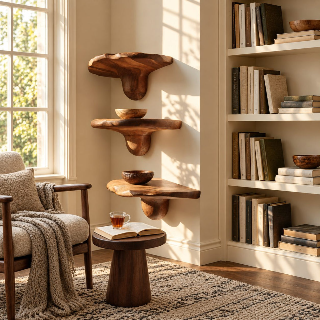 Bulb Stem Corner Mushroom Shelves, Chunky Live Edge Solid Wood Floating Corner Shelves for Entryway