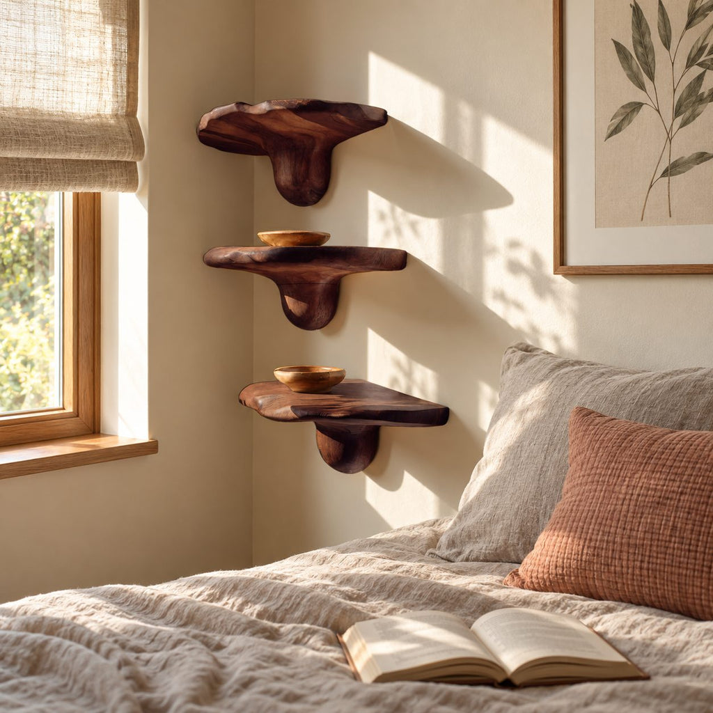 Bulb Stem Corner Mushroom Shelves, Chunky Live Edge Solid Wood Floating Corner Shelves for Entryway