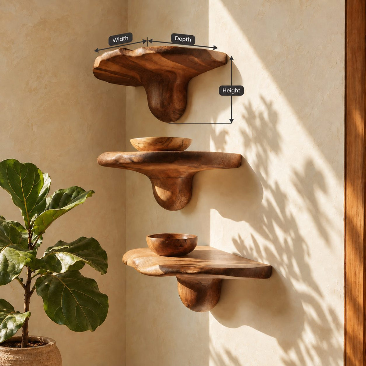 Bulb Stem Corner Mushroom Shelves, Chunky Live Edge Solid Wood Floating Corner Shelves for Entryway