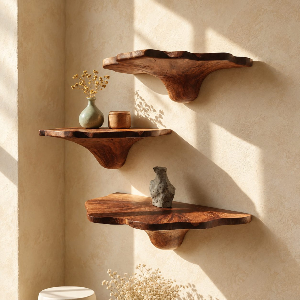 Ruffled Rim Corner Mushroom Shelves, Live Edge Solid Wood Floating Corner Shelves with Tapered Stems