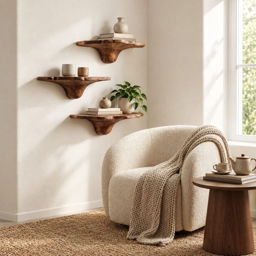 Ruffled Rim Corner Mushroom Shelves, Live Edge Solid Wood Floating Corner Shelves with Tapered Stems