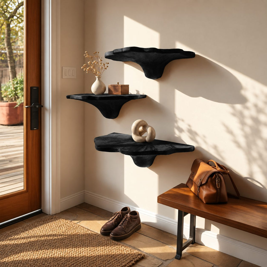 Ruffled Rim Corner Mushroom Shelves, Live Edge Solid Wood Floating Corner Shelves with Tapered Stems