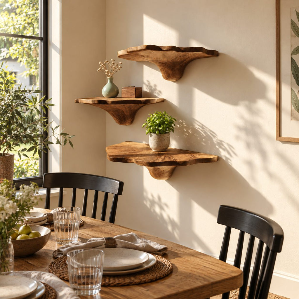 Ruffled Rim Corner Mushroom Shelves, Live Edge Solid Wood Floating Corner Shelves with Tapered Stems