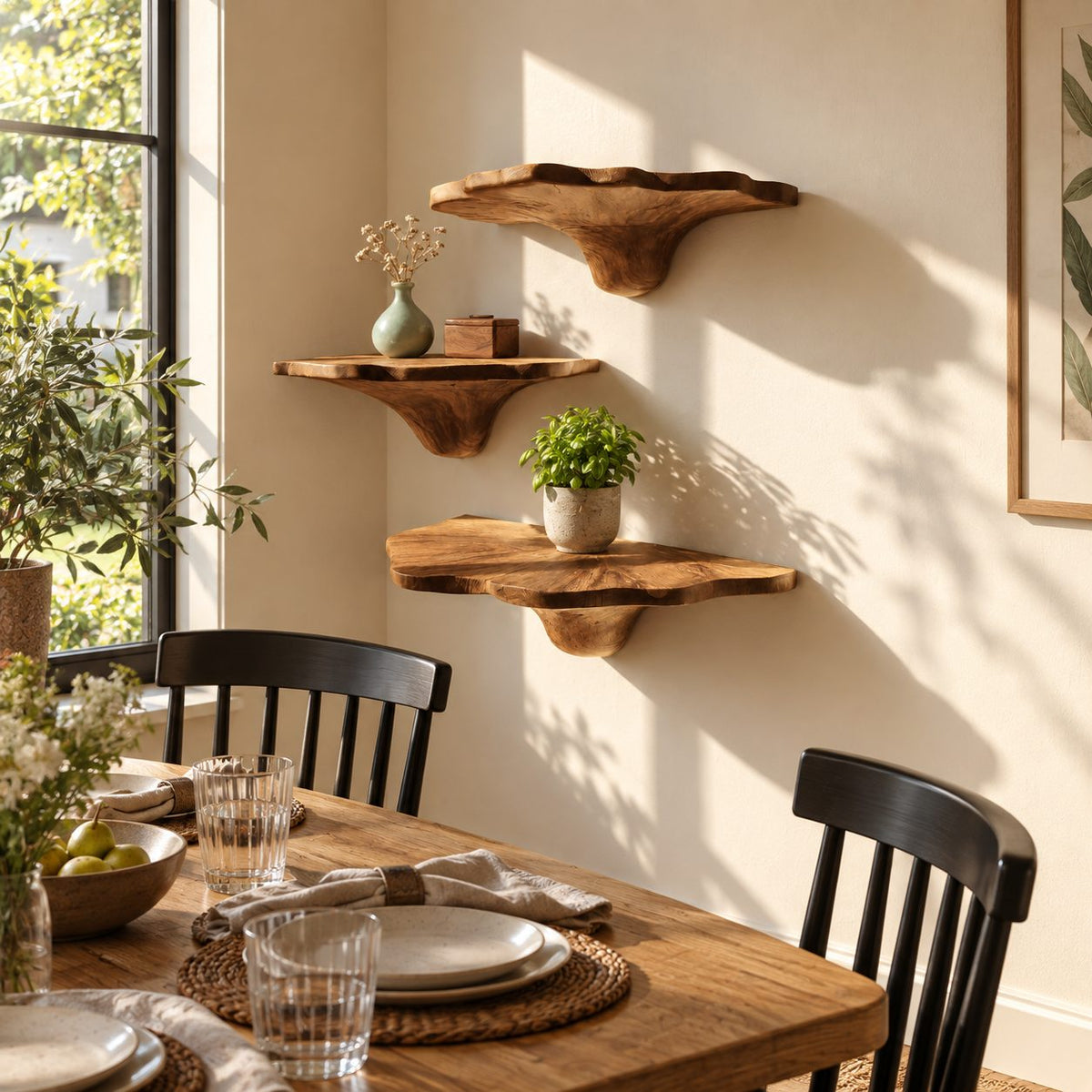 Ruffled Rim Corner Mushroom Shelves, Live Edge Solid Wood Floating Corner Shelves with Tapered Stems
