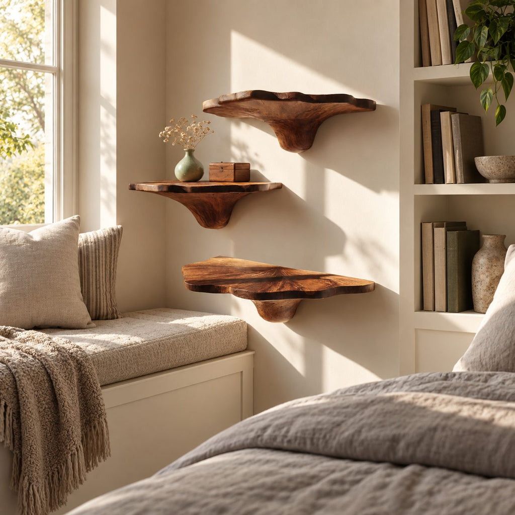 Ruffled Rim Corner Mushroom Shelves, Live Edge Solid Wood Floating Corner Shelves with Tapered Stems