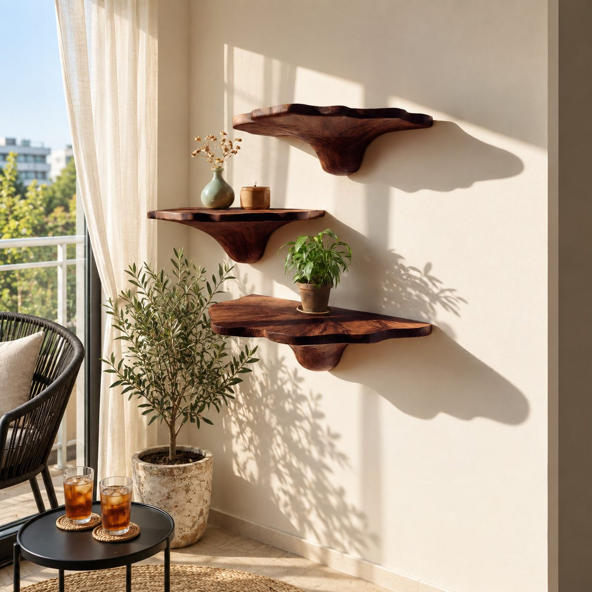 Ruffled Rim Corner Mushroom Shelves, Live Edge Solid Wood Floating Corner Shelves with Tapered Stems