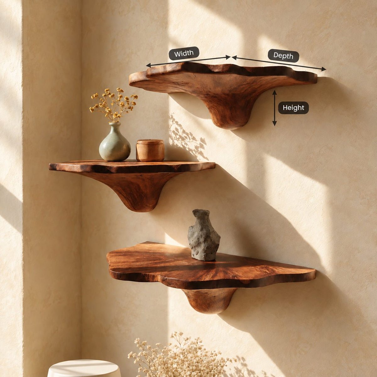 Ruffled Rim Corner Mushroom Shelves, Live Edge Solid Wood Floating Corner Shelves with Tapered Stems