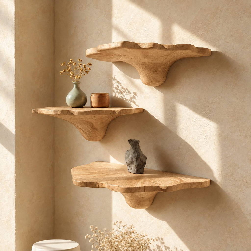 Ruffled Rim Corner Mushroom Shelves, Live Edge Solid Wood Floating Corner Shelves with Tapered Stems