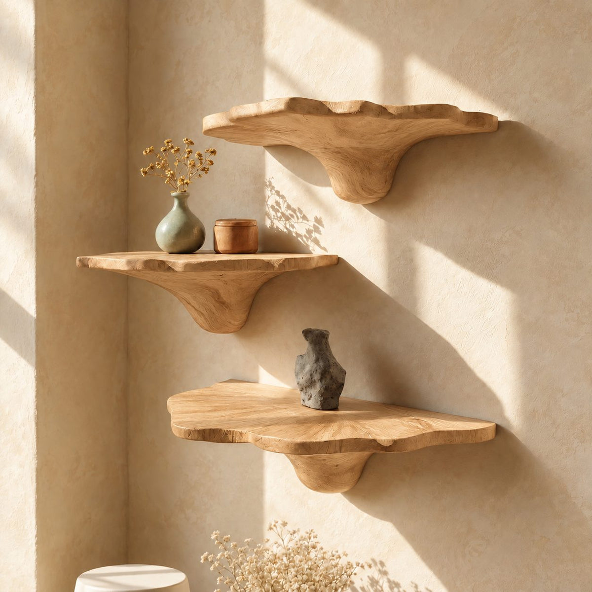 Ruffled Rim Corner Mushroom Shelves, Live Edge Solid Wood Floating Corner Shelves with Tapered Stems