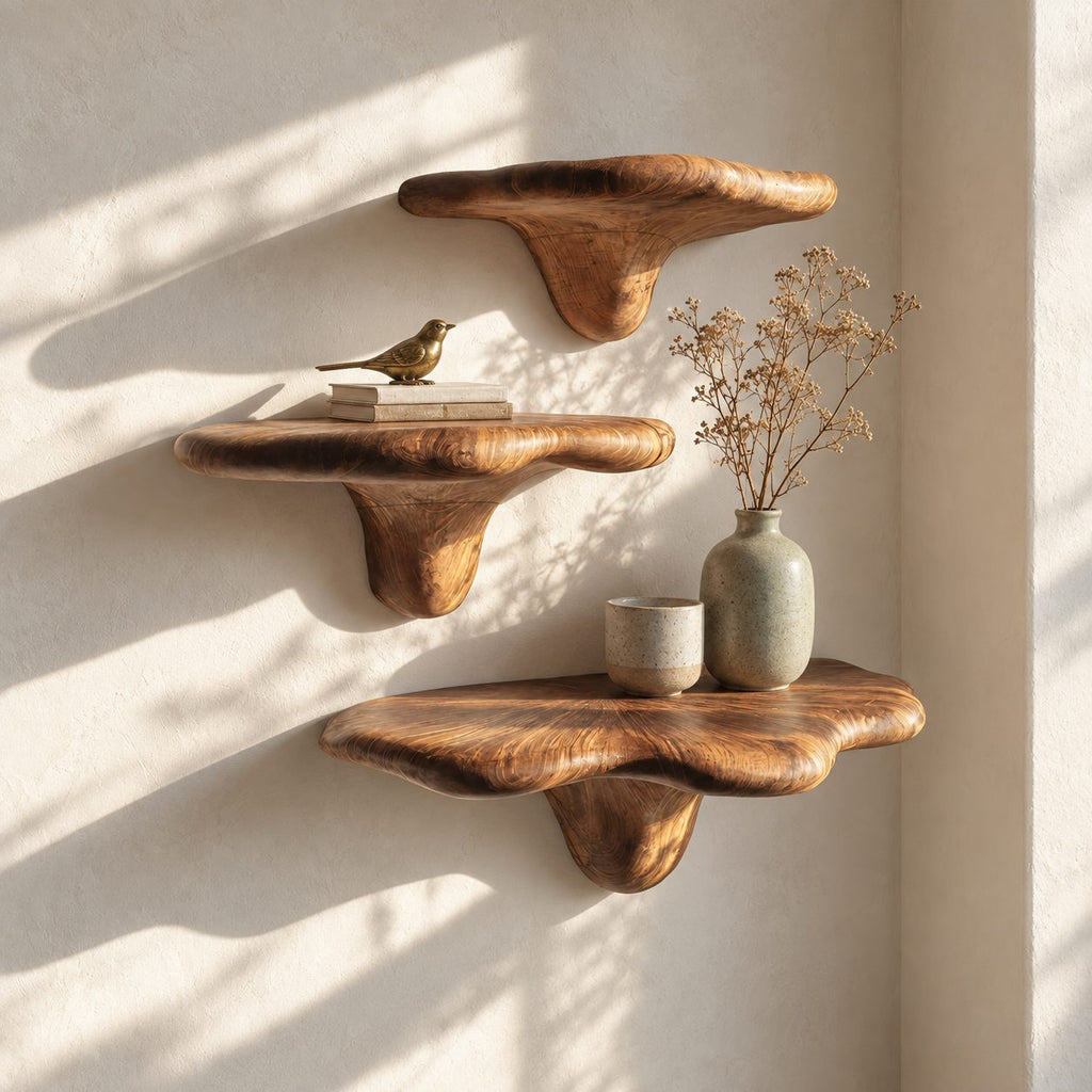 Pillow Top Mushroom Floating Shelves, Smooth Rounded Solid Wood Wall Shelves for Bedroom and Reading Nook