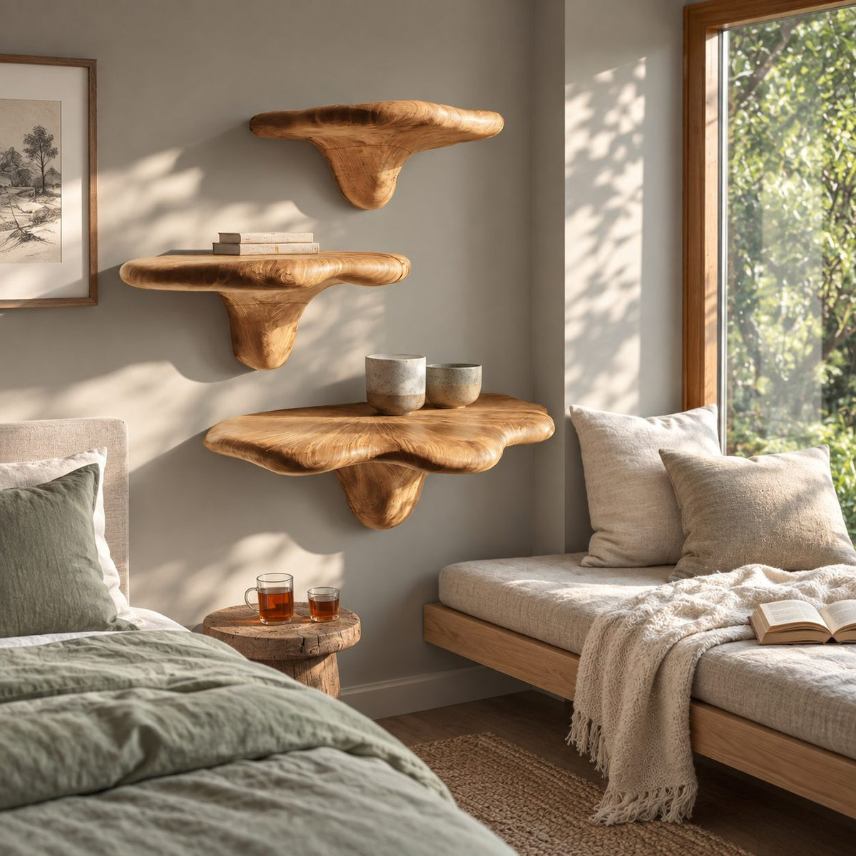 Pillow Top Mushroom Floating Shelves, Smooth Rounded Solid Wood Wall Shelves for Bedroom and Reading Nook