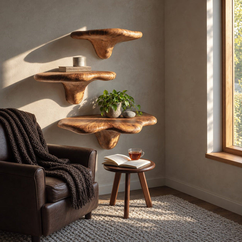 Pillow Top Mushroom Floating Shelves, Smooth Rounded Solid Wood Wall Shelves for Bedroom and Reading Nook