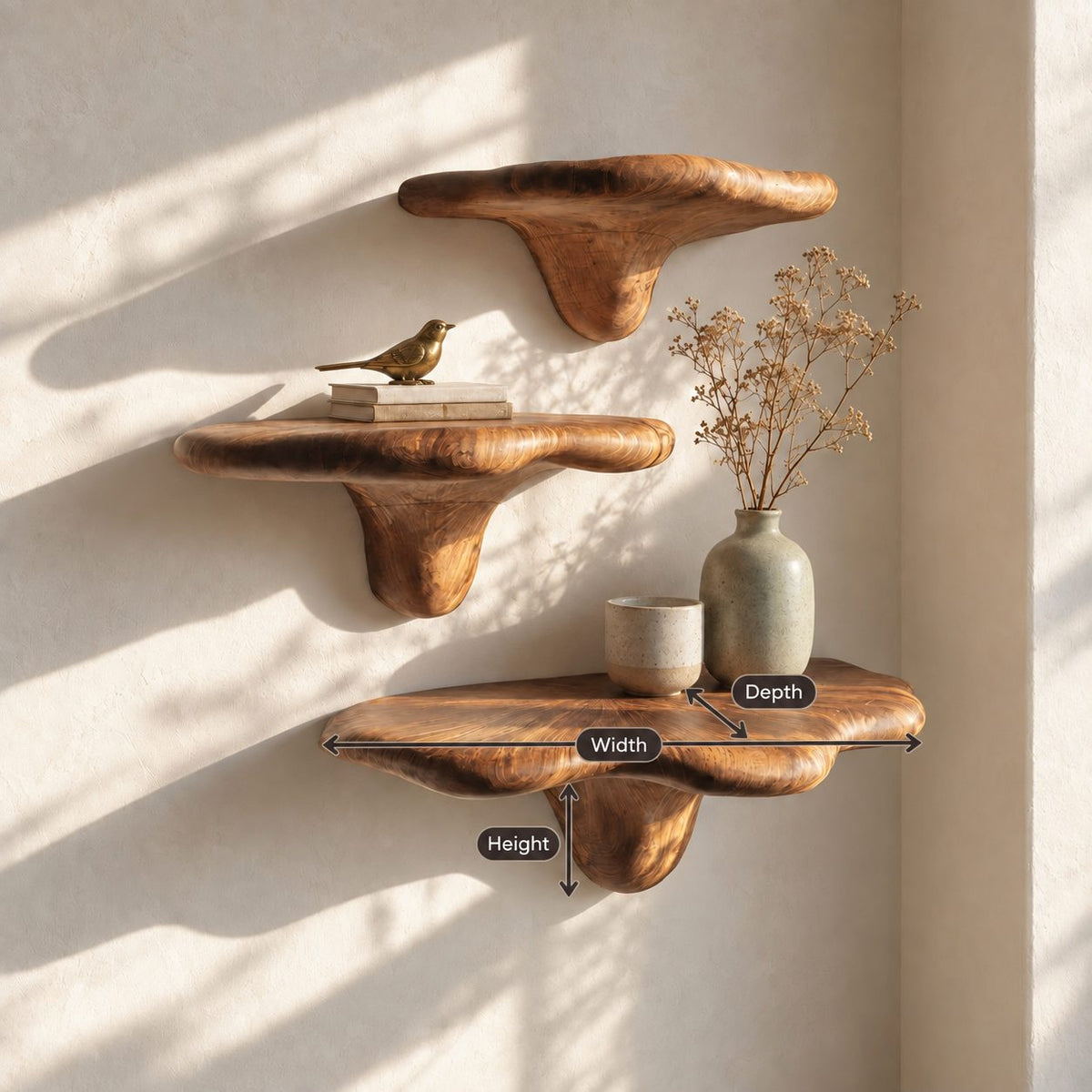 Pillow Top Mushroom Floating Shelves, Smooth Rounded Solid Wood Wall Shelves for Bedroom and Reading Nook