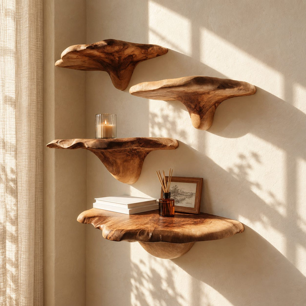Bracket Fungus Corner Mushroom Shelves, Staggered Live Edge Solid Wood Floating Corner Shelves
