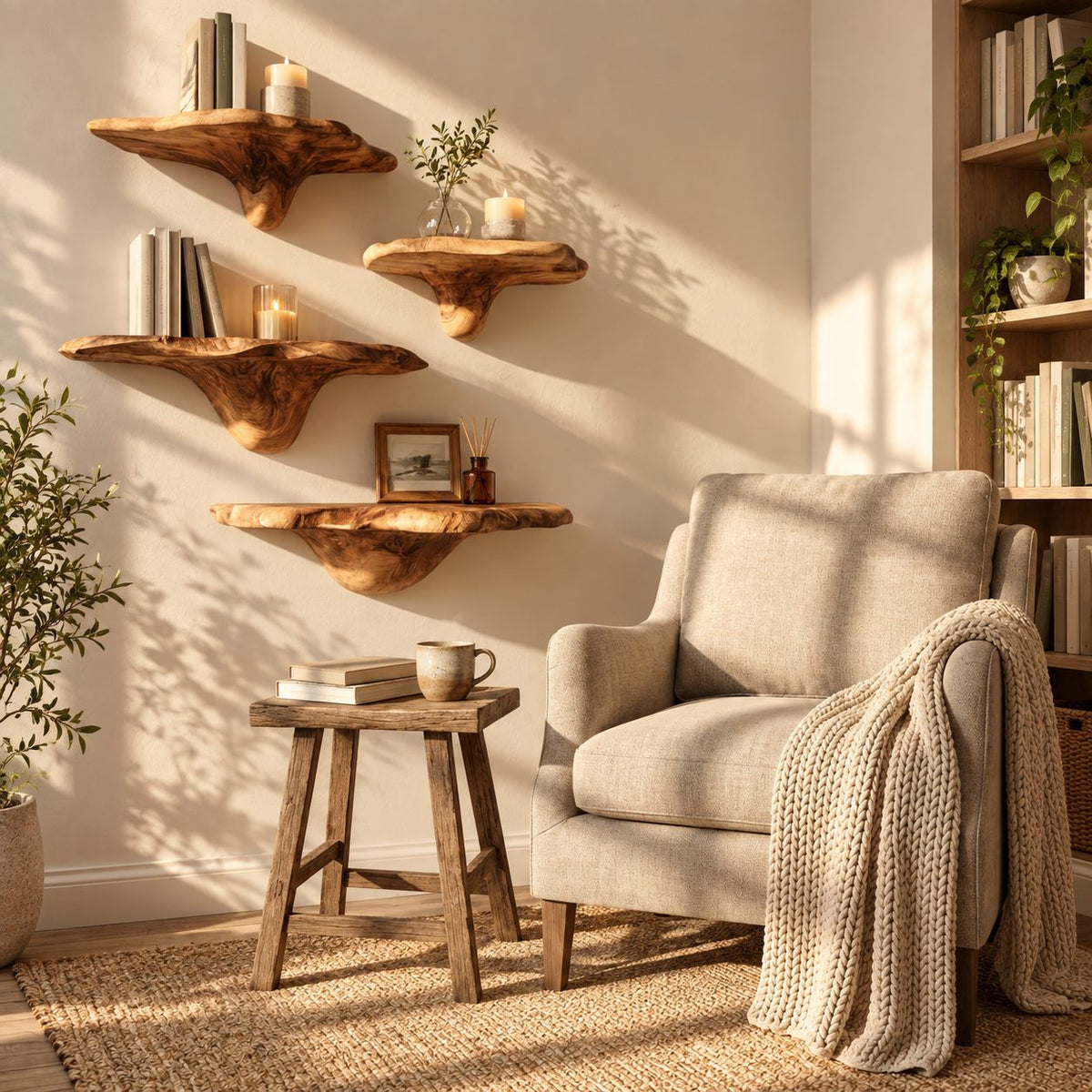 Bracket Fungus Corner Mushroom Shelves, Staggered Live Edge Solid Wood Floating Corner Shelves