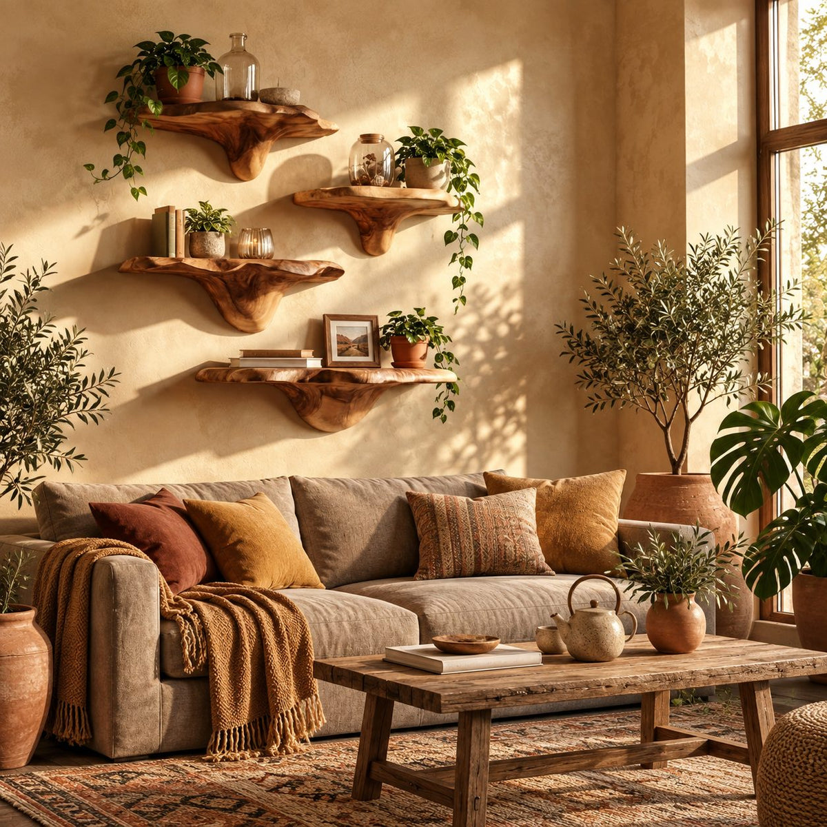 Bracket Fungus Corner Mushroom Shelves, Staggered Live Edge Solid Wood Floating Corner Shelves