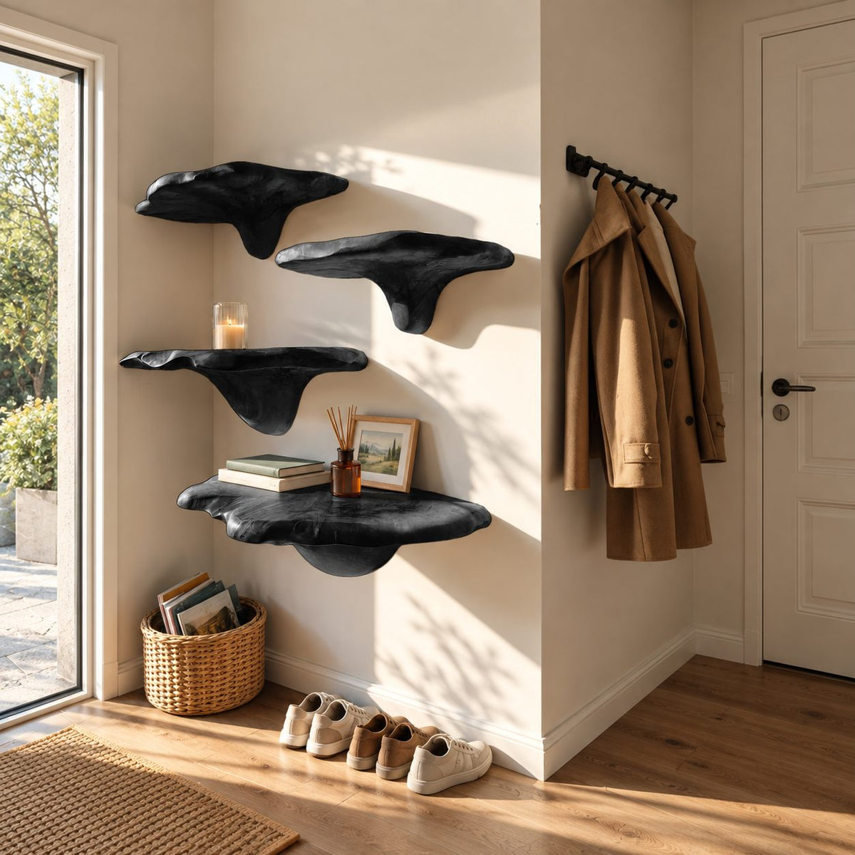 Bracket Fungus Corner Mushroom Shelves, Staggered Live Edge Solid Wood Floating Corner Shelves