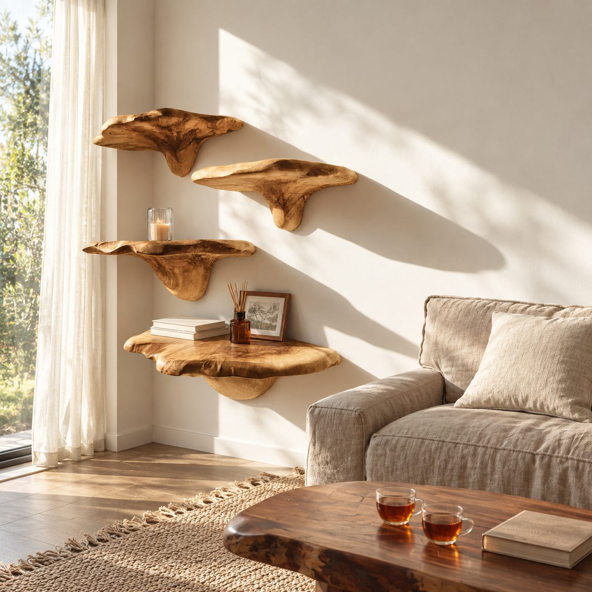 Bracket Fungus Corner Mushroom Shelves, Staggered Live Edge Solid Wood Floating Corner Shelves