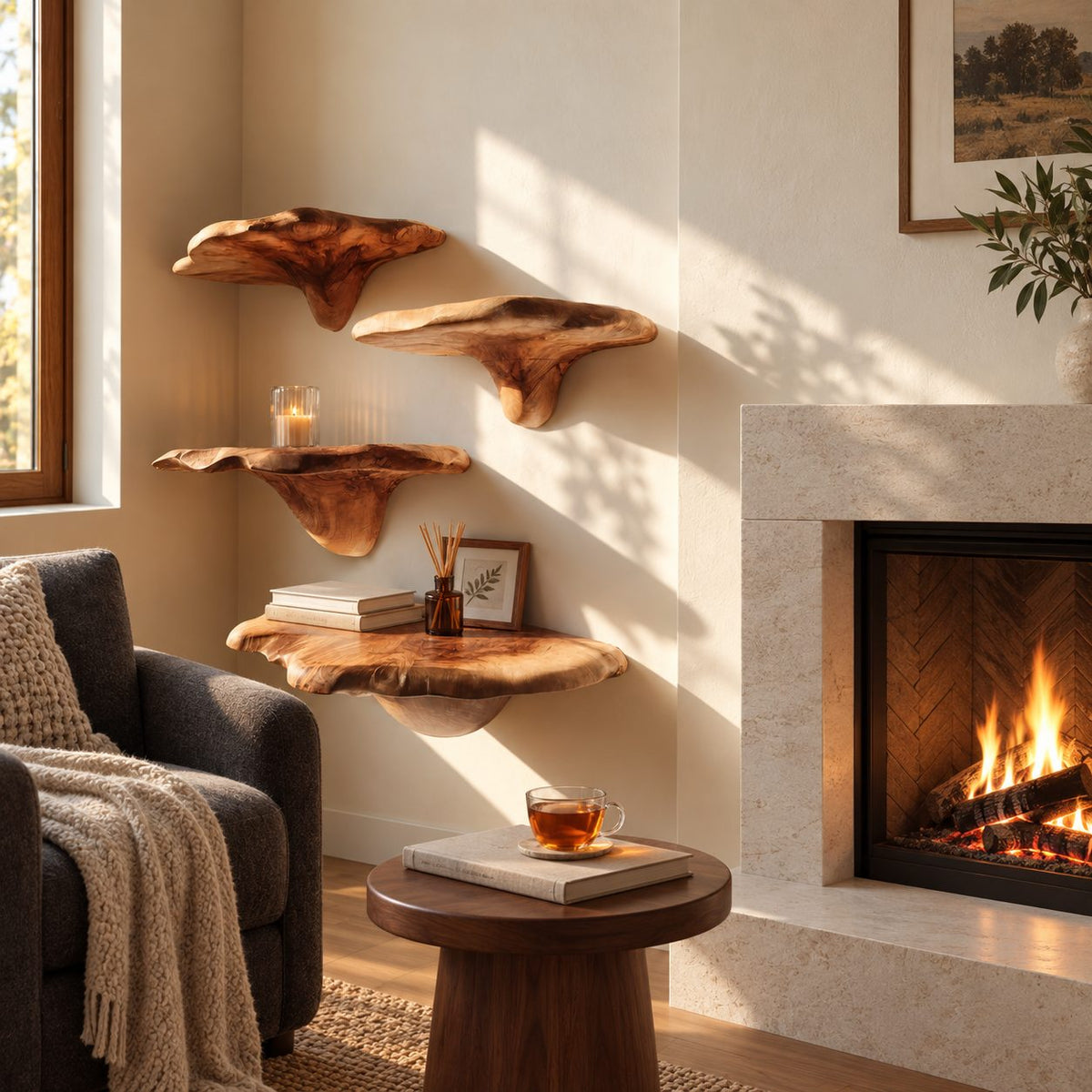 Bracket Fungus Corner Mushroom Shelves, Staggered Live Edge Solid Wood Floating Corner Shelves