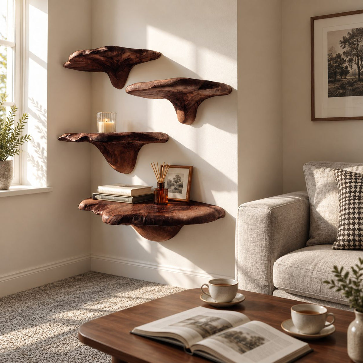Bracket Fungus Corner Mushroom Shelves, Staggered Live Edge Solid Wood Floating Corner Shelves