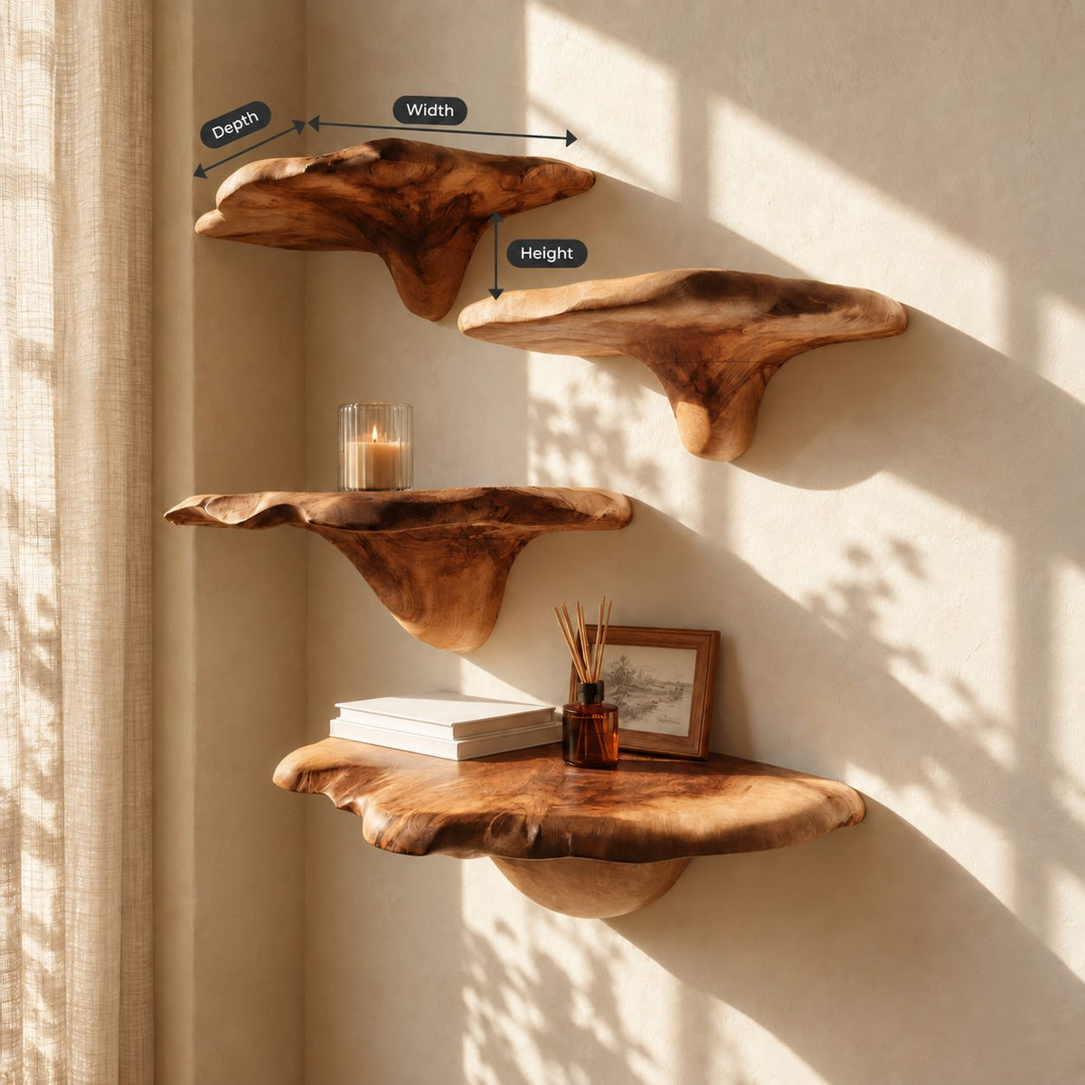 Bracket Fungus Corner Mushroom Shelves, Staggered Live Edge Solid Wood Floating Corner Shelves