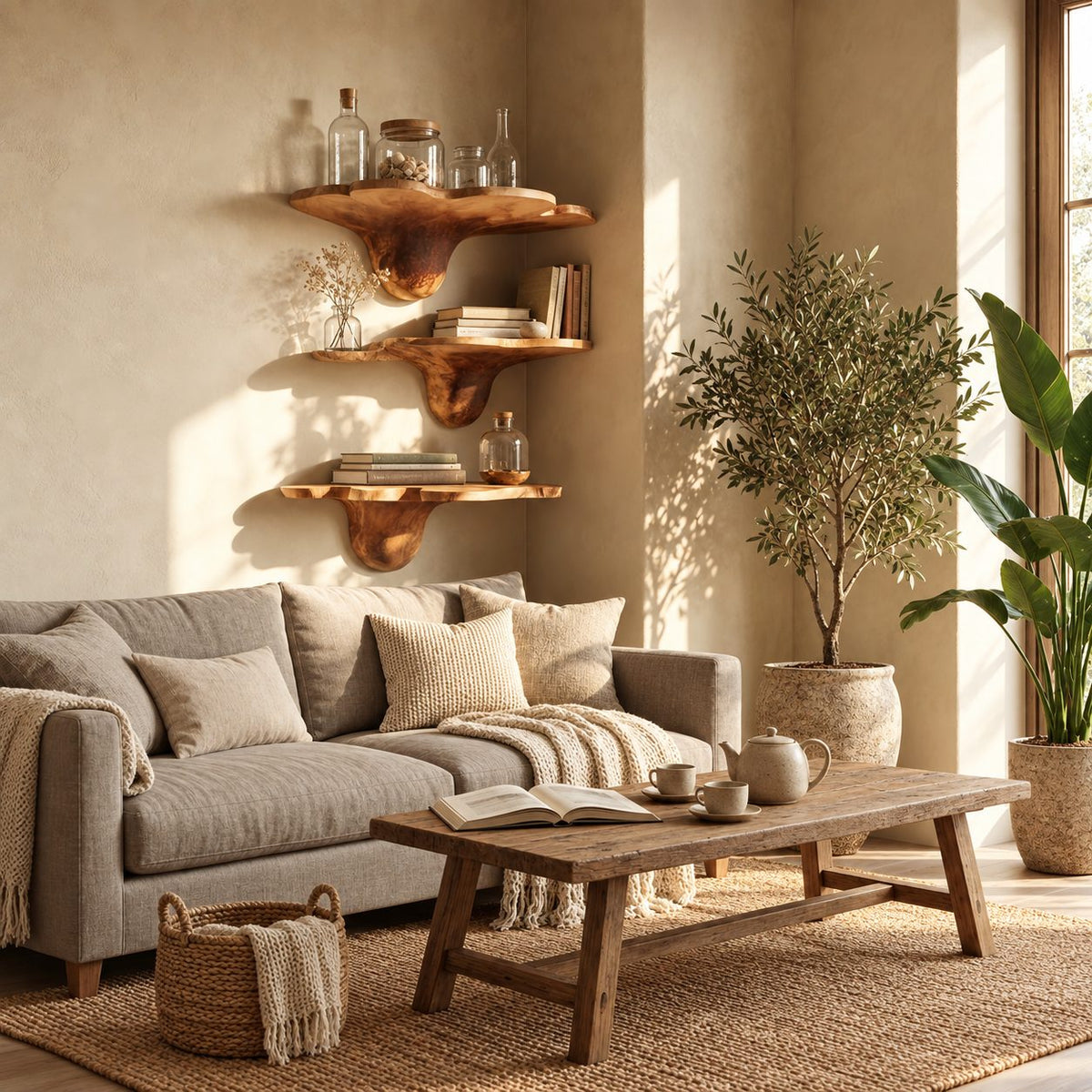 Tulip Flare Corner Mushroom Shelves, Lobed Edge Solid Wood Floating Corner Shelves for Living Room