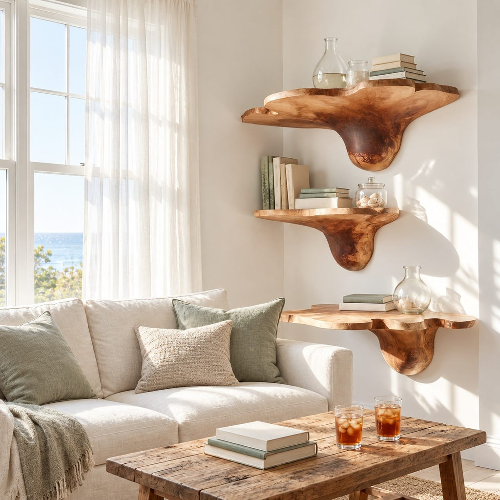 Tulip Flare Corner Mushroom Shelves, Lobed Edge Solid Wood Floating Corner Shelves for Living Room