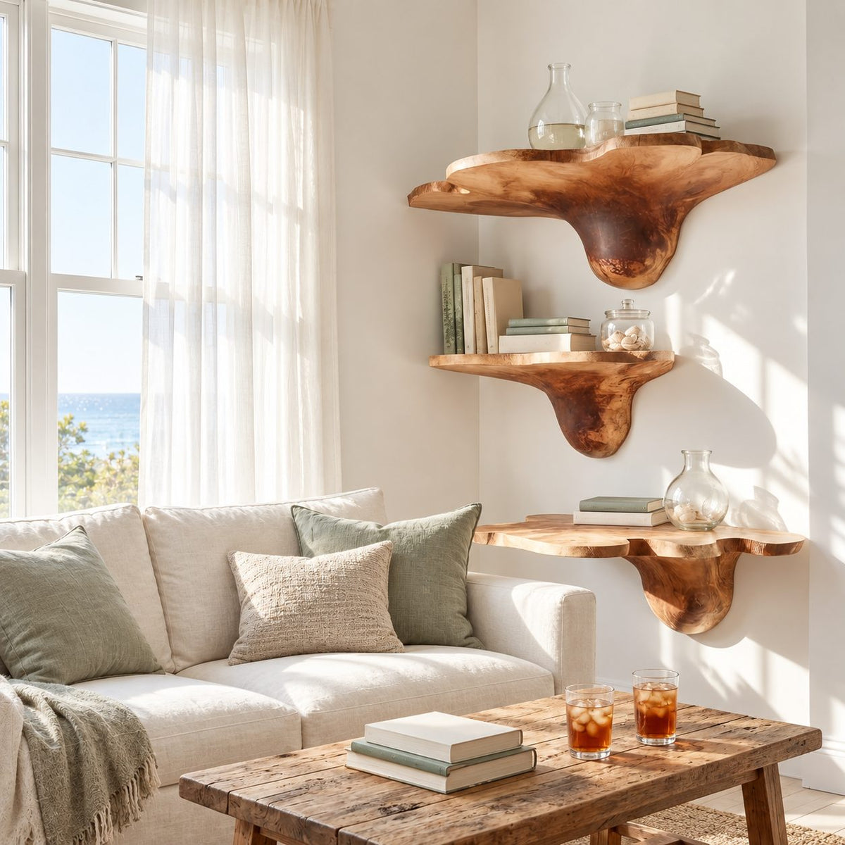 Tulip Flare Corner Mushroom Shelves, Lobed Edge Solid Wood Floating Corner Shelves for Living Room