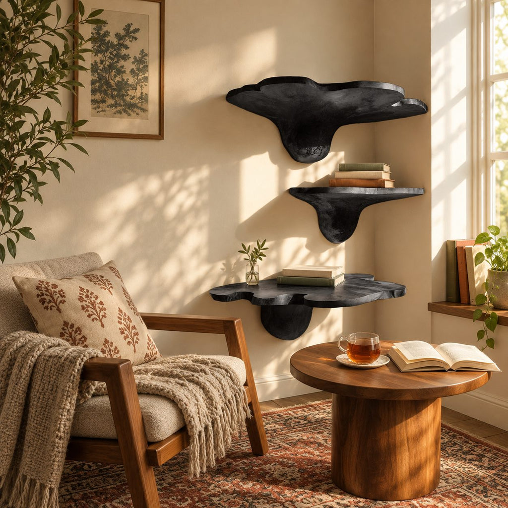 Tulip Flare Corner Mushroom Shelves, Lobed Edge Solid Wood Floating Corner Shelves for Living Room