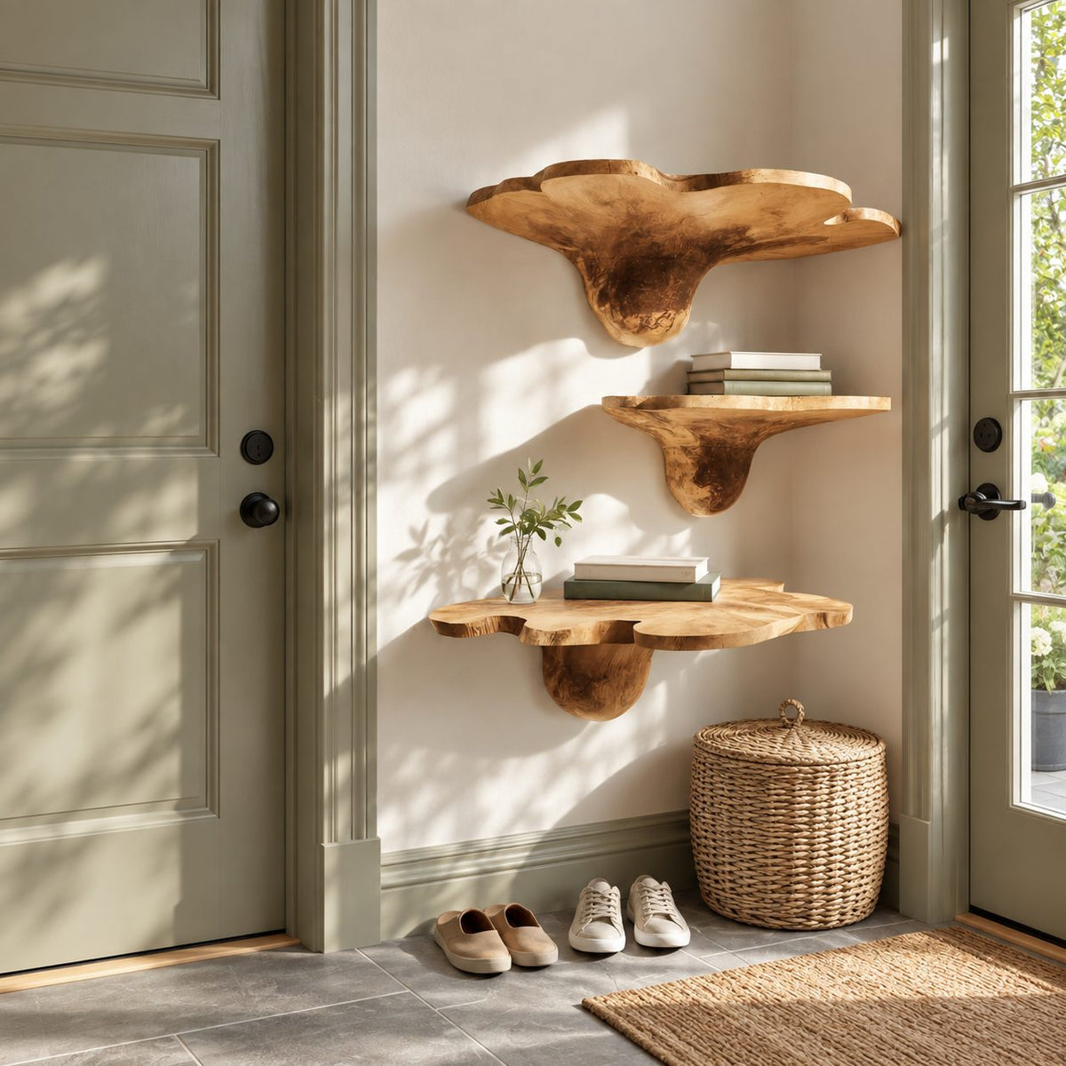 Tulip Flare Corner Mushroom Shelves, Lobed Edge Solid Wood Floating Corner Shelves for Living Room