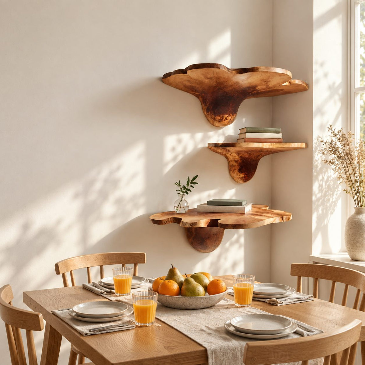 Tulip Flare Corner Mushroom Shelves, Lobed Edge Solid Wood Floating Corner Shelves for Living Room