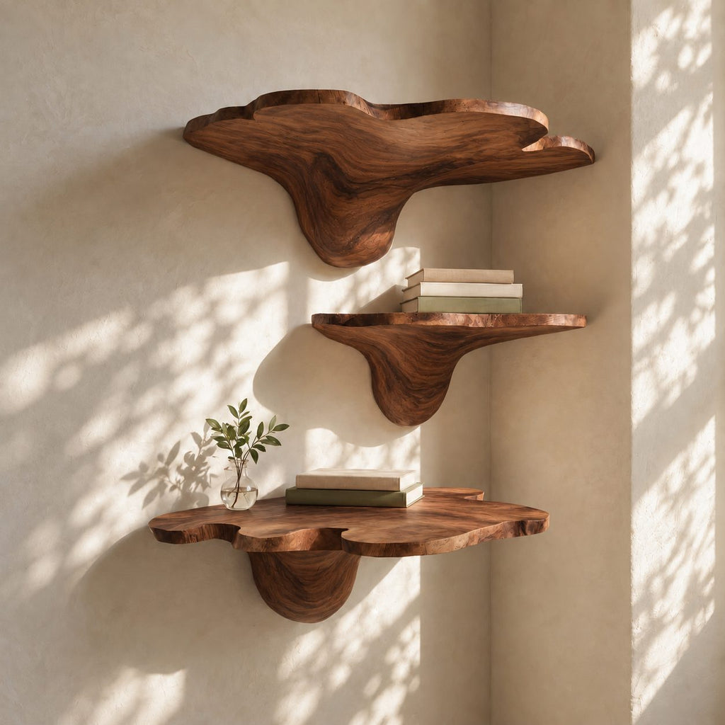 Tulip Flare Corner Mushroom Shelves, Lobed Edge Solid Wood Floating Corner Shelves for Living Room