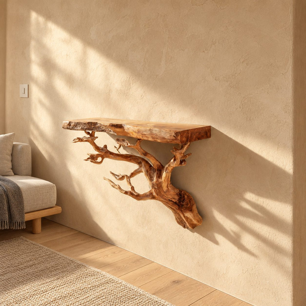 Tree Root Floating Shelf, Live Edge Solid Wood Wall Shelf on a Carved Branching Root Bracket for Living Room